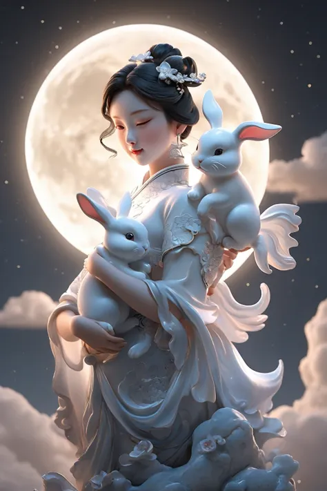 Sculpture out, realism：1 girl, Holding a rabbit in his arms，Pure skin, cheongsam, Movie Lighting, Full Moon, cloud, night, moonlight, Star  