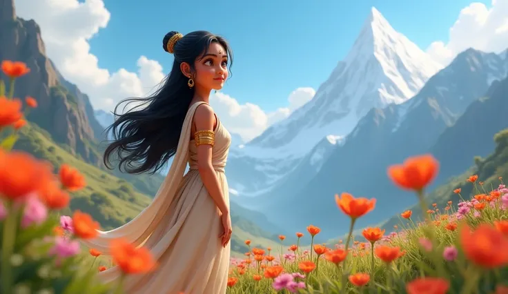 In cinematic 3D cartoon style. Parvati’s Youth: Depict young Parvati, full of grace and beauty, standing amidst blooming flowers in the Himalayan valley, her eyes filled with determination as she looks towards the distant mountains, symbolizing her future ...