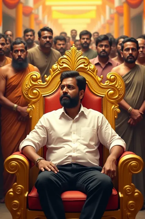 A man with dark hair and beard sitting In golden chair in centre of people of Tamilnadu the man wearing white shirt and black pant