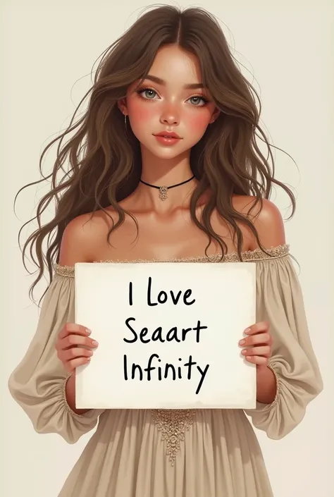 Beautiful girl with wavy long hair, bohemian dress, holding a white board with text "I Love Seaart Infinity" and showing it to the viewer