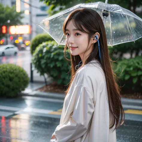 24-year-old Korean girl standing in the rain with long hair,Highly detailed, smile, Omakase, earphones, Exposure difference, soft light, brown hair, best quality, 