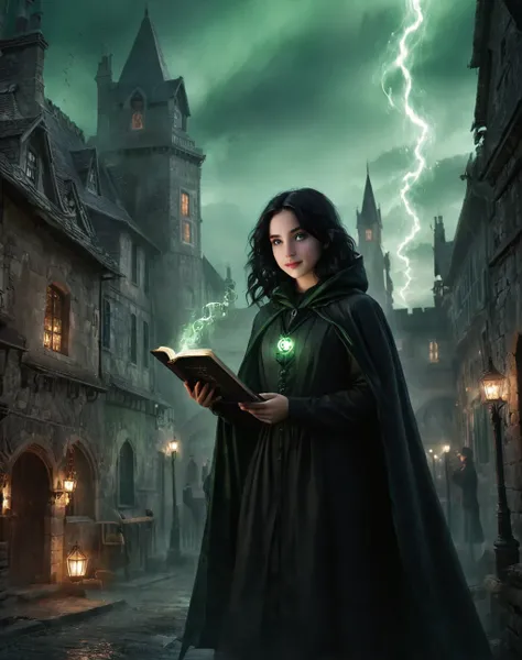 a 11 years old actor daughter of severus snape, evil wizard, black art, Ancient spell book, Swirling smoke, menacing smile, Mysterious cloak, green eyes,  black hair, eerie atmosphere, lightnings, imposing castle, stormy night, Twisted team, enchanted fore...