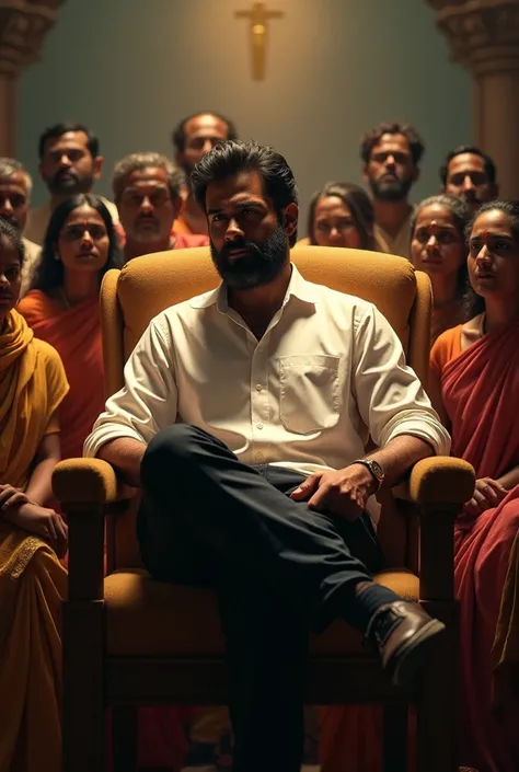 A man with dark hair and beard sitting In golden chair in centre of people of Tamilnadu the man wearing white shirt and black pant in night time yellow light 