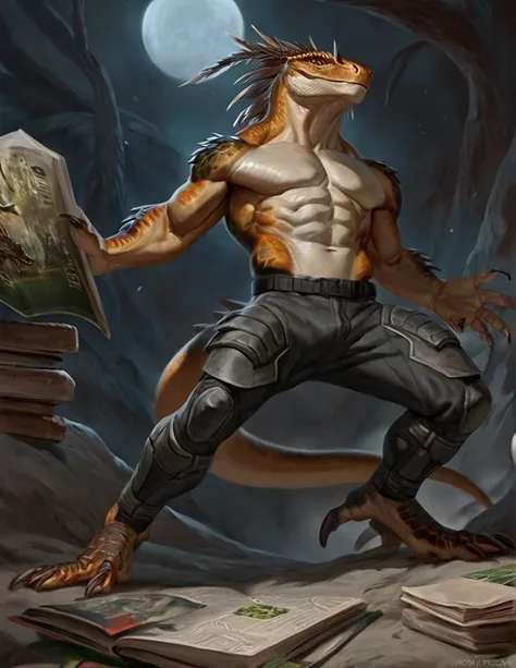 a ferocious male lizardfolk druid, muscular detailed body, masculine pose, tall topless, bodysuit, comic book style illustration, best quality, 4k, ultra-detailed, realistic, by laobai, by taran fiddler, by honovy