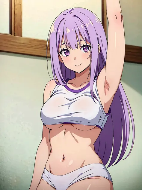 anime, 1girl, solo, long_hair, purple_eyes, light_purple_hair, bare_shoulders, blushing, smile, upper_body, bangs, sidelocks, an...