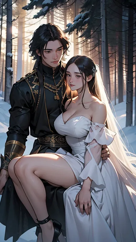 A strikingly illuminated young couple perches on a makeshift throne at the summit of a moonlit mountain, their laughter echoing in the crisp night air. The woman, clad in a sleek, form-fitting gown that accentuates her voluptuous curves, exudes a magnetic ...