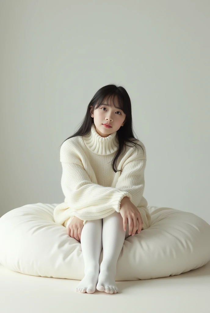 A 20-year-old Japanese woman wearing a white turtleneck sweater and thick white tights is sitting on a large white cushion with her knees hugged to her chest.