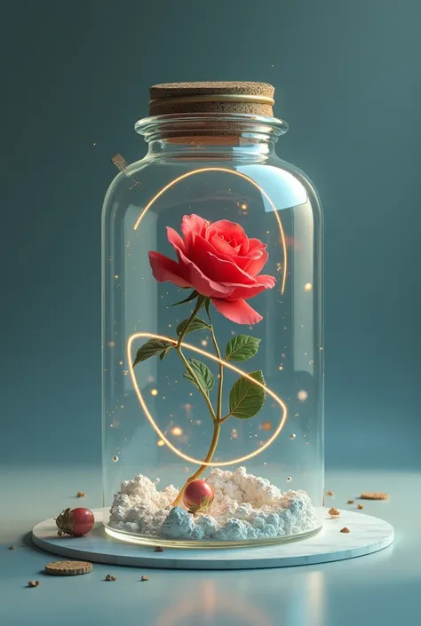 Create a jar full of orbits and a red rose inside the jar, At the bottom add a larger lid, and on the nozzle part of the bottle a larger lid, one medium and one small