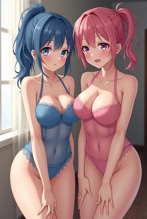 two japanese girls , one is blue hair another is pink hair, ((they cloth wearing Halter neck lace teddy with peek-a-boo cups one is blue base another is pink base:1.5)),18 years old , cute face ,cleavage between breasts,large breasts,cute face, ponytail ,w...