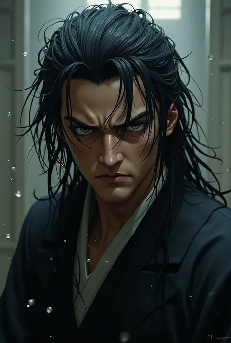 Hijikata Toshiro in a bad mood after having his hair washed


