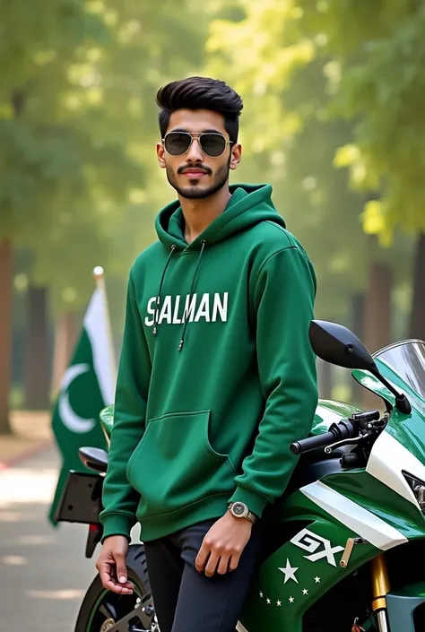 Create 3D illusion for a profile picture where a 23-Year-old cute boy in a GREEN hoodie with write name "SALMAN" in front dont overlaps text, stand beside casually on a Pakistani Colored Green and white GSX-R1000, Wearing black sneakers, and sunglasses, he...