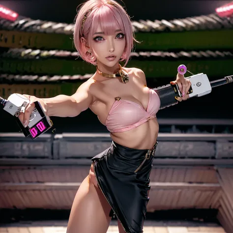 (Highest quality), Realistic, (Live Action),(short hair,Sharp bangs)Show your crotch,Highest quality,Highest quality,8k images,Pink Hair,High heels,Small face,((Big Breasts))Spread your legs、1 gun,(((Point the gun at the camera:1.6))),Highest quality32K