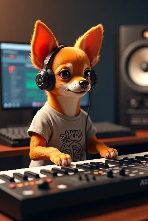 Humanoid orange dog Chihuahua playing a song in front of a professional AKAI 88 MPC MIDI keyboard ,Put on headphones,In a human-like T-shirt ..He is sitting in front of the screen、We know you use Image Line&#39;s FL Studio 20 as your preferred DAW.。.,He is...