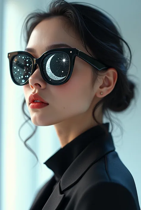 The model is wearing glass sunglasses with stars and the moon on the glass