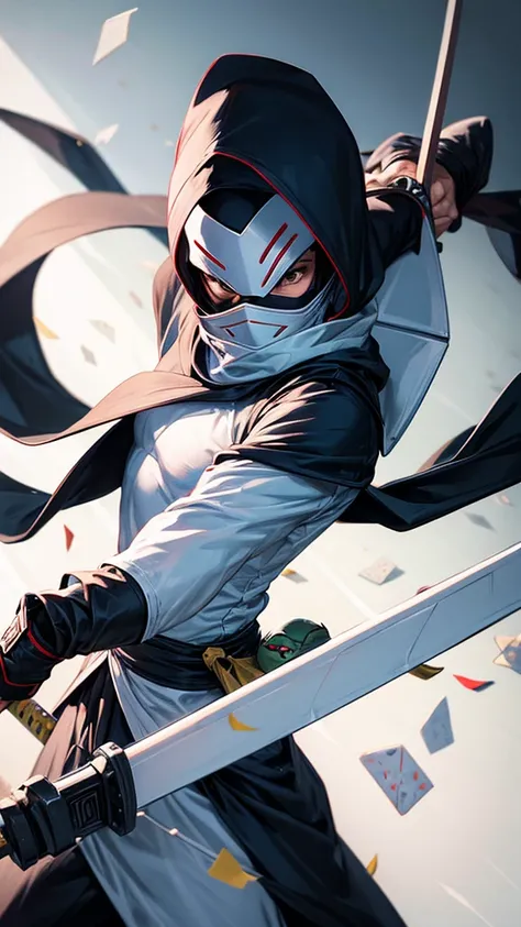 turtle-ninja armed with naginata and wearing white domino-mask