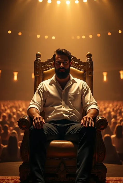 A man with dark hair and beard sitting In golden king chair in centre of people crowd men the man wearing white shirt and black pant in night time yellow light performing in stage