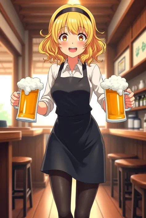 cute。Izakaya waiter。Age: about 20 years old。Her hair color is blonde.。Hairstyle: Drill Hair. She is wearing a black apron and a headband.。
The pose is of him walking busily with a beer mug in each hand.。
The expression is a smile。
Anime style illustrations...