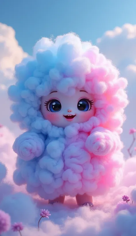 Make me a picture of an animated  made of cotton candy 