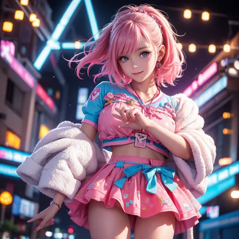 1 girl,cowboy shot, beautiful Nora_Valkyrie, I look at the viewer, smile, short hair, Blue eyes,heart cutout, gloves,  Jacket, pink skirt, Pink Belt, Short sleeves, puffy sleeves, Single bandage, fingerless gloves, orange hair, pink gloves, dynamic pose, n...