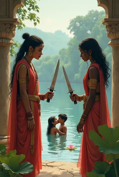 Pale white skinned North Indian slave woman with dark skinned daughter, and dark skinned south indian slave woman with pale white skinned son, gupta era, both have a similar build, both are sitting in lotus pose beside a lake, threaten eachother with knive...