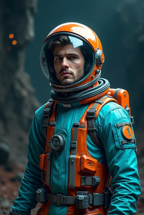 A turquoise blue and orange male astronaut on a dark background