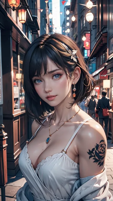 masterpiece, 最high quality, high quality, Very detailed CG uniform 8k wallpaper, One person, alone, Blue Hair, tattoo, short hair, Have, jewelry, smile, necklace, Looking at the audience, Have, Realistic,  Upper Body, Best, nose, Exposing shoulders, artist...