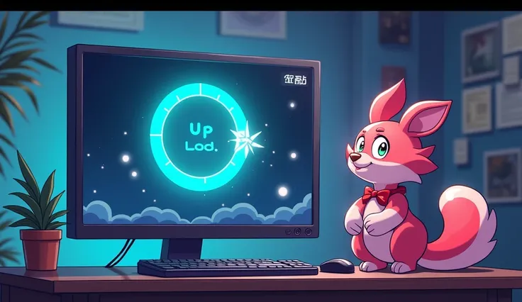 Wide computer monitor,「Now loading...」Character,Load gauge,UP LOADのボタン, Cute mouse pointer,Anime Style, Shooting from the side