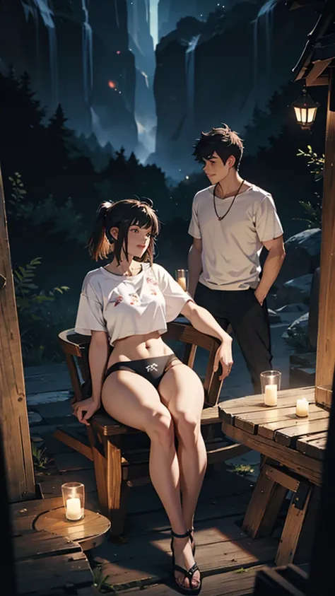 A young couple is sitting on a chair on top of a mountain and having a party. The woman is wearing printed underwear. Her hips are big. It is night. There are some trees nearby.