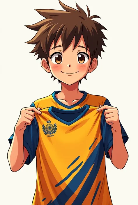 a 13 years old boy fair skin smiling face brown hair brown eyes wearing kabaddi jersey and holding kabaddi jersey in his hands 
anime 