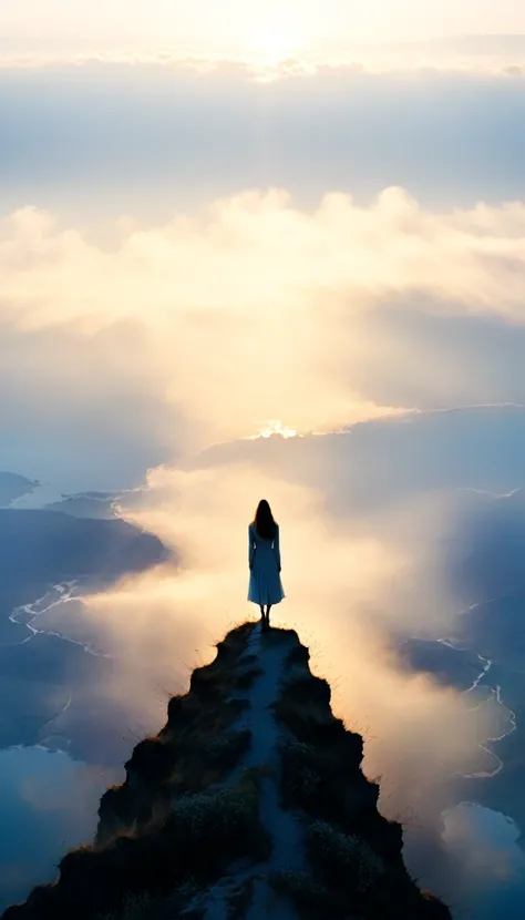 honest pure light woman standing on the edge of horizon looking at the viewer, 