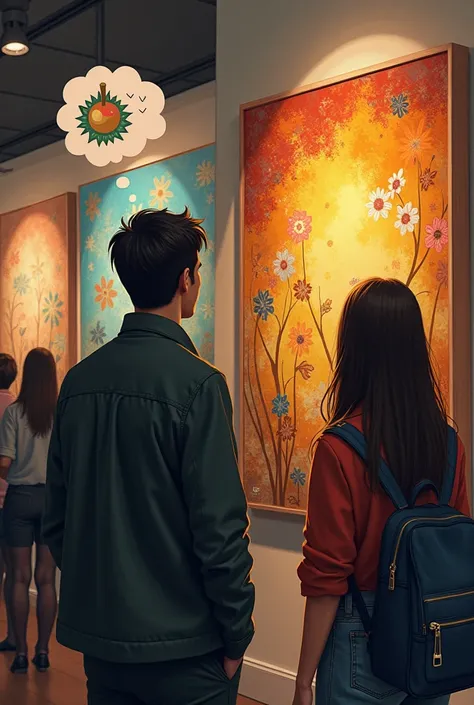 A café owner looking at one of Mousumi’s paintings at an exhibition, with a thought bubble indicating a mural offer.