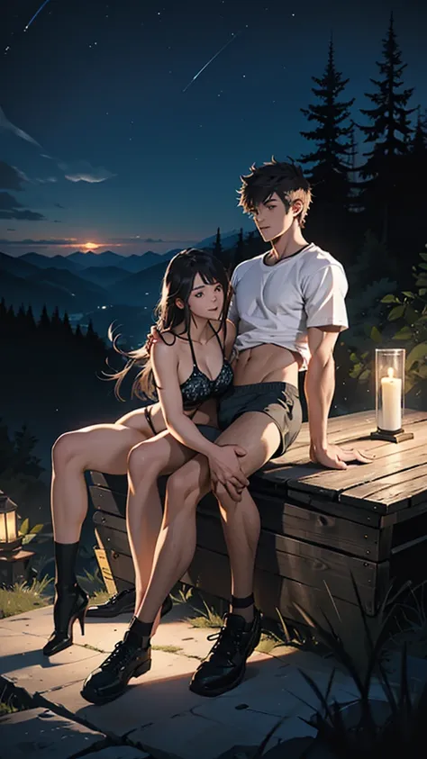 A young couple is sitting on a chair on top of a mountain and having a party. The woman is wearing printed underwear. Her hips are big. It is night. There are some trees nearby.