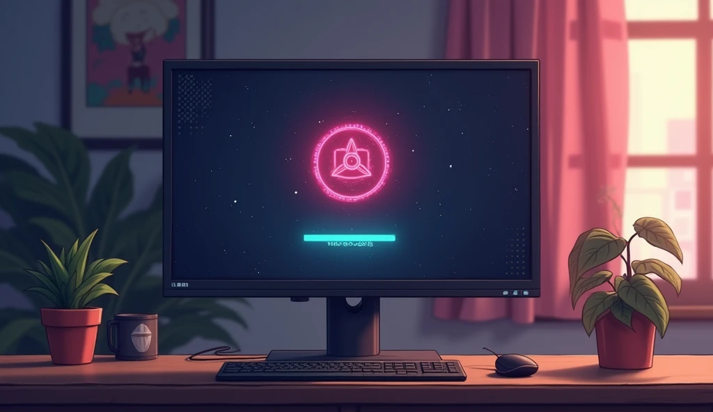 Wide computer monitor,「Now loading...」Character,Loading screen,At the bottom right corner, click「UP LOAD」button, mouse pointer,Anime Style, Shooting from the side