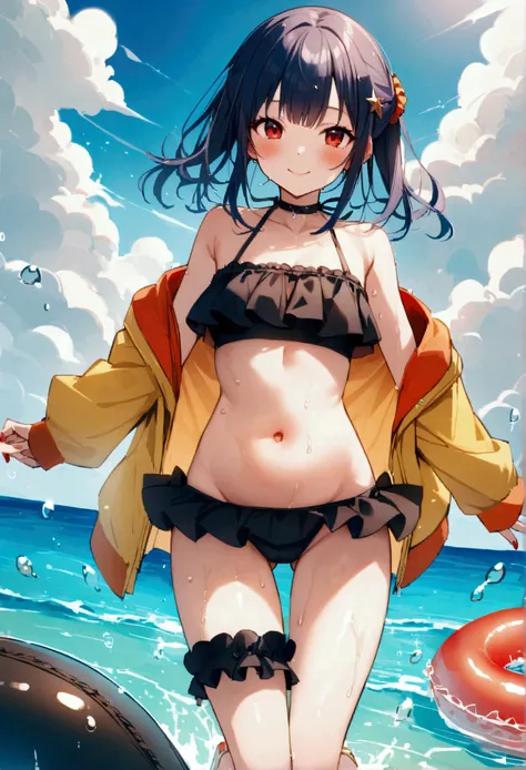 score_9、score_8_up、score_7_up、score_6_up、One person、solo、water着、bikini、smile、belly button、Red eyes、黒いbikini、赤いJacket、Sandals、Raise your arms、Inner Tube、View your viewers、smiling、foot nail、Underarm、Outdoor、手首のScrunchie、Jacket、foot nailのManicure、小さなchest、Bar...