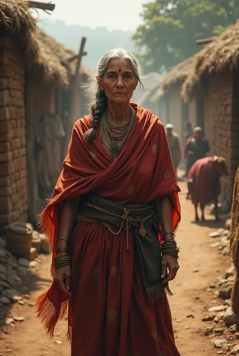 An elderly woman, representing Sumitra, standing in the center of a village with a determined expression on her face