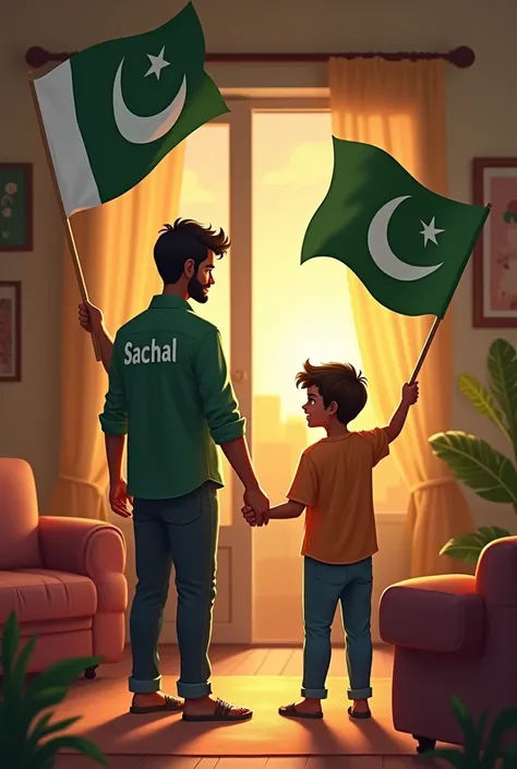 Write name in shirt  "Sachal" and His 3 year old Son  celebrating independence day of Pakistan with flags in home