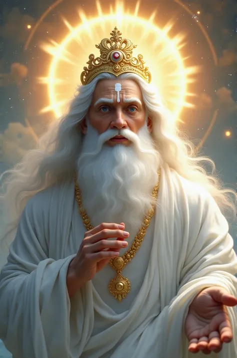 Youve described a divine and beautiful scene. In this scene, a divine figure, perceived as the form of God, has beautiful eyes, a charming face, and a sandalwood tilak on the forehead. They wear a crown, have white hair and a white beard, and are dressed i...