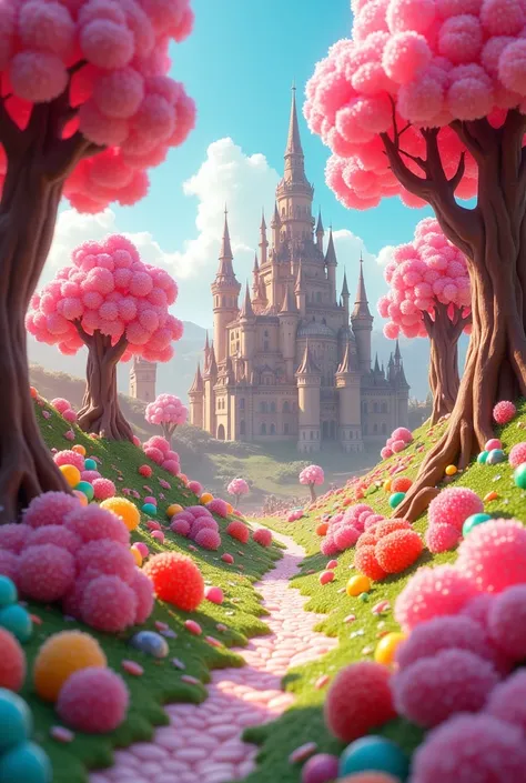 please generate agummy candy land, Let it be a forest of jelly bean trees, make it like a map, and this is a castle, the forest and many more things