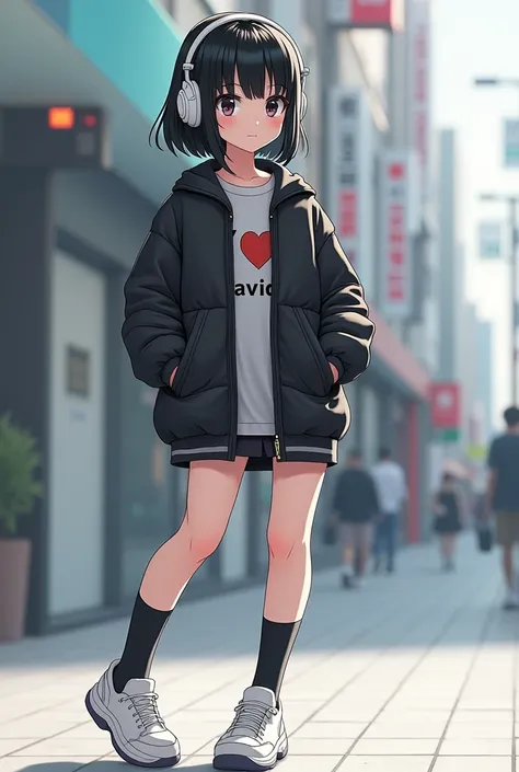 Female character with straight black hair, white headphones, black Chinese eyes and heart pupil , black hand warmers, tenis blancos con calcetas negras y camisa que diga I ❤️ david