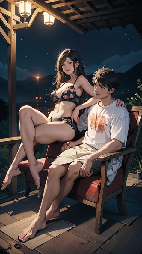 A young couple is sitting on a chair on top of a mountain and having a party. The woman is wearing printed underwear. Her hips are big. It is night. There are some trees nearby.