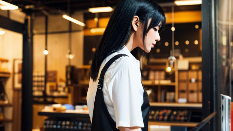 The back view of a stylish adult woman with black hair tied back, wearing a white blouse and black apron, standing and cleaning in an electric guitar shop（The face is in profile）Realistic illustration of