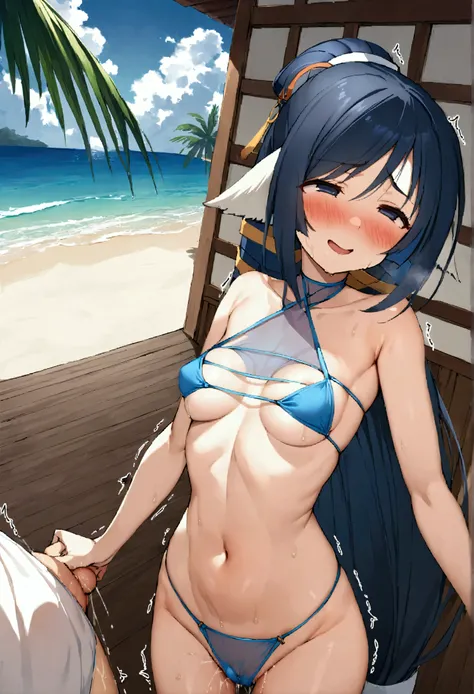 NSFW,masterpiece,Highest quality,High resolution,Very detailed,kuon (Utawarerumono),Long Hair,低く結んだLong Hair,Small breasts,(High-quality sexy bikini in white and blue),Halter neck,mesh,See-through,Sad face,(Bitter smile),(Ecstasy face),(Lustful face),blush...