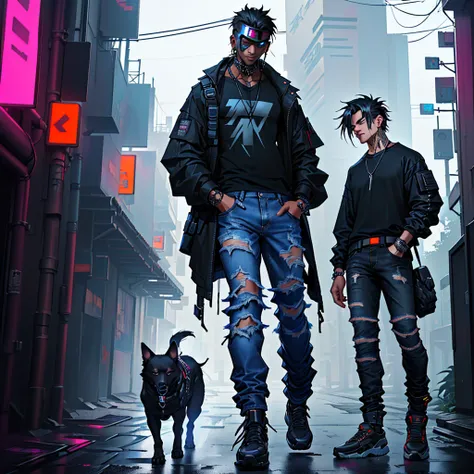 arafed man in black shirt and jeans standing on street with dog, cyberpunk style outfit, wearing cyberpunk streetwear, ripped clothing, baggy jeans, fear of god style, cyberpunk streetwear, 2 0 2 0 fashion, trending on r/techwearclothing, ripped jeans, wea...