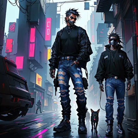 arafed man in black shirt and jeans standing on street with dog, cyberpunk style outfit, wearing cyberpunk streetwear, ripped clothing, baggy jeans, fear of god style, cyberpunk streetwear, 2 0 2 0 fashion, trending on r/techwearclothing, ripped jeans, wea...