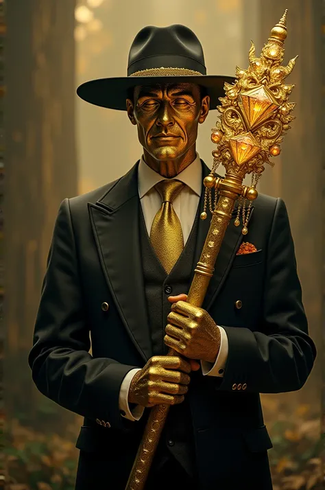 Create a man with a medium hat, solid gold face, in a suit, and with a golden staff studded with diamonds 