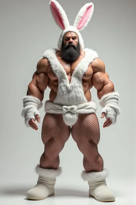 A muscular white man with a beard in a bunny sex outfit