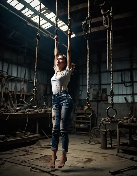 a 25-year-old girl suspended from the ceiling in a dimly lit storehouse filled with tools and old machinery, legs dangling above...