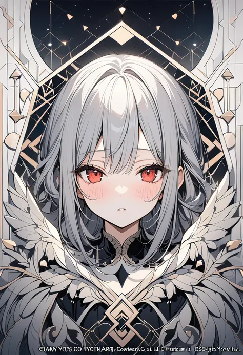 ,beautiful flower々）,Gray Hair、Red Eyes、 blush、(masterpiece, Highest quality), Official Art, beautifully、aesthetic: 1.2), (1 person), Very detailed, (Geometry Art: 1.3)