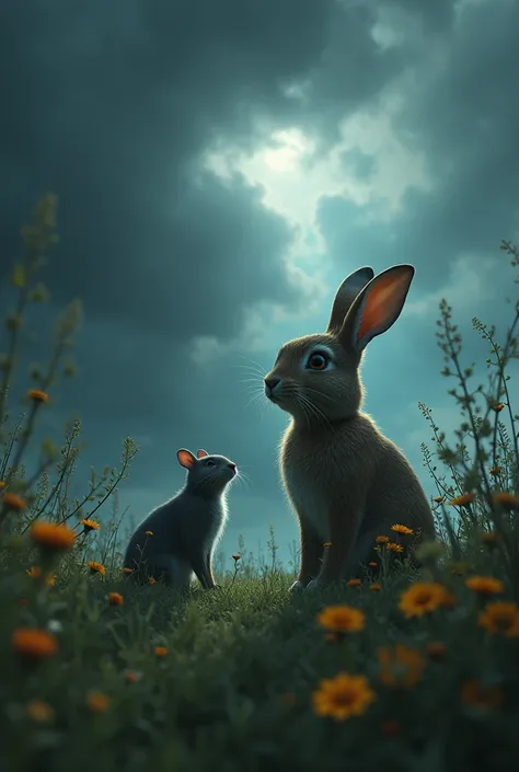  Dark, ominous clouds gathering in the sky over the peaceful meadow, with the rabbit looking concerned and the rat looking nervous.