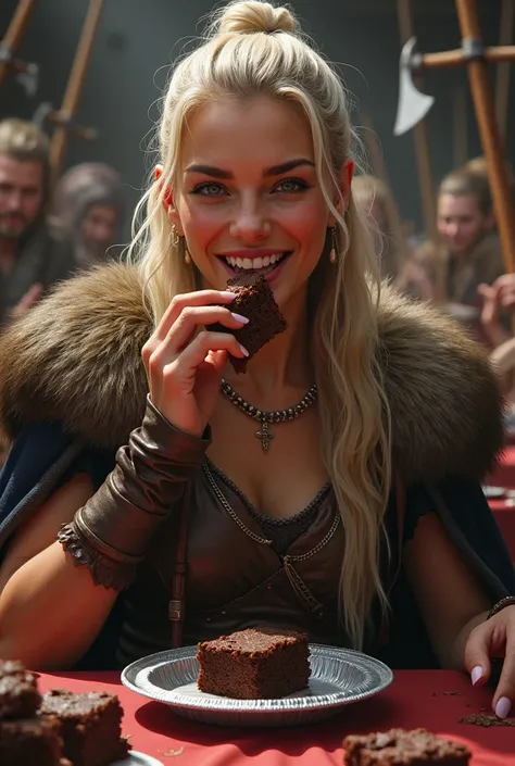 viking woman, happy, at a feast with weapons,eating brownie on small aluminum tray .